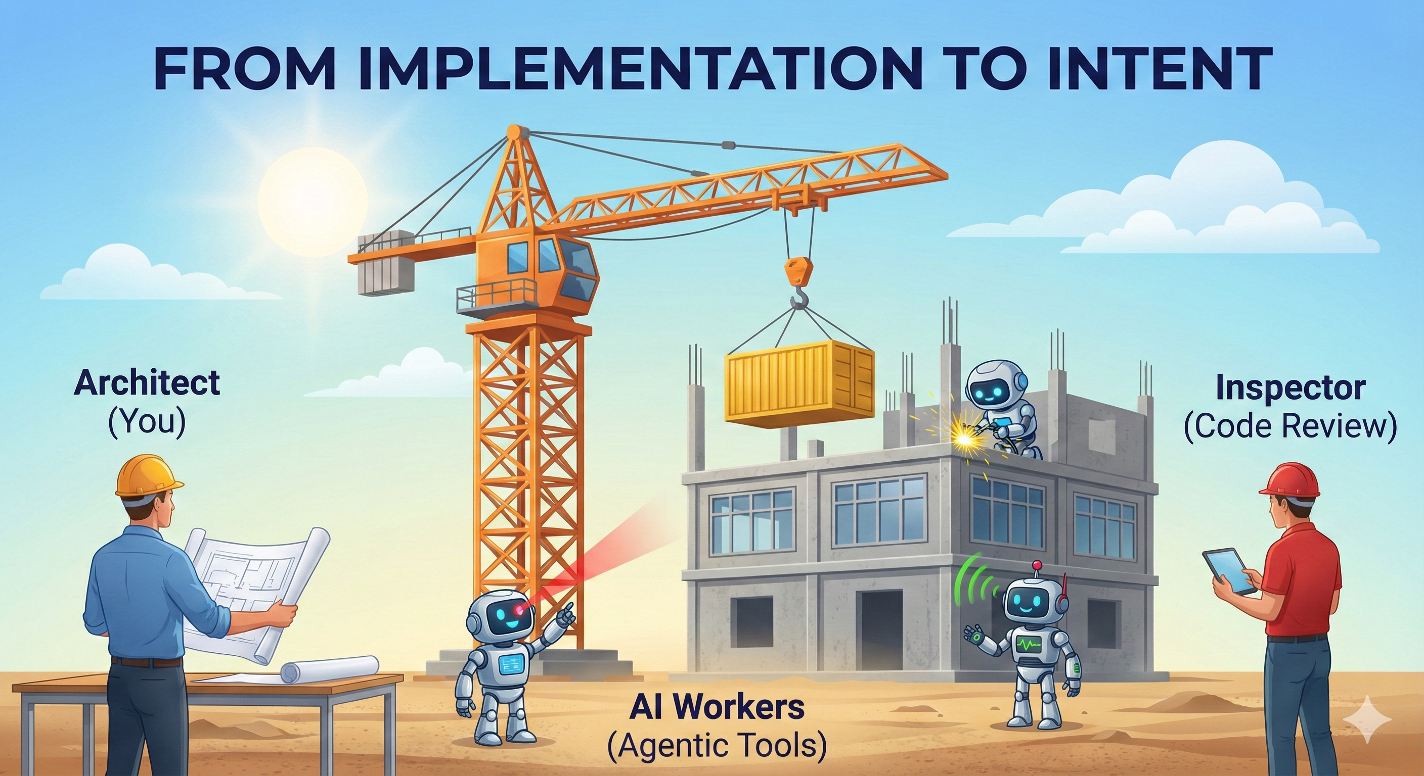 AI construction site: you as architect directing AI workers, with code review as verification