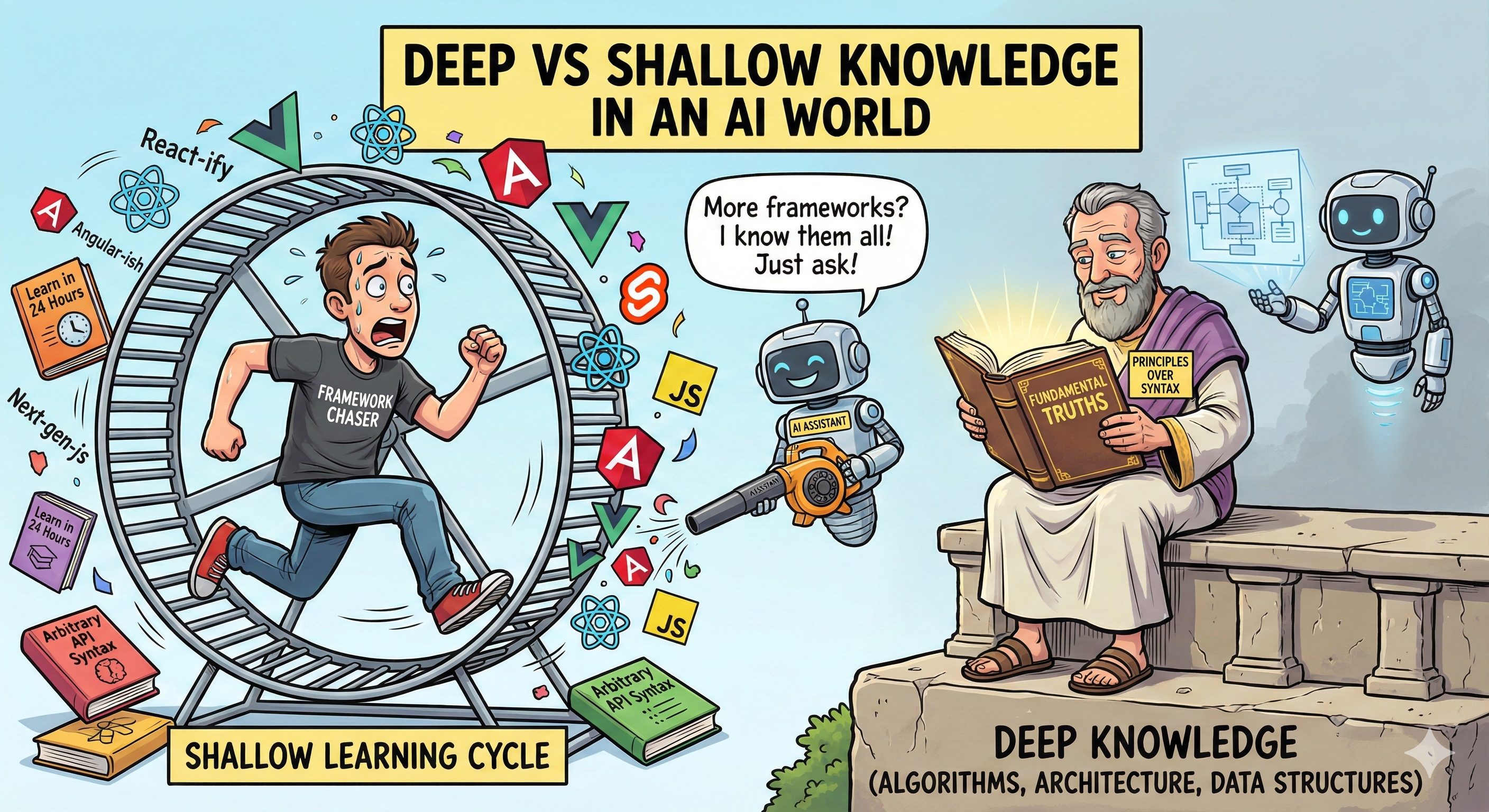 AI and human collaboration: A futuristic scene showing a developer working alongside AI assistants to build software with deep knowledge rather than shallow framework memorization