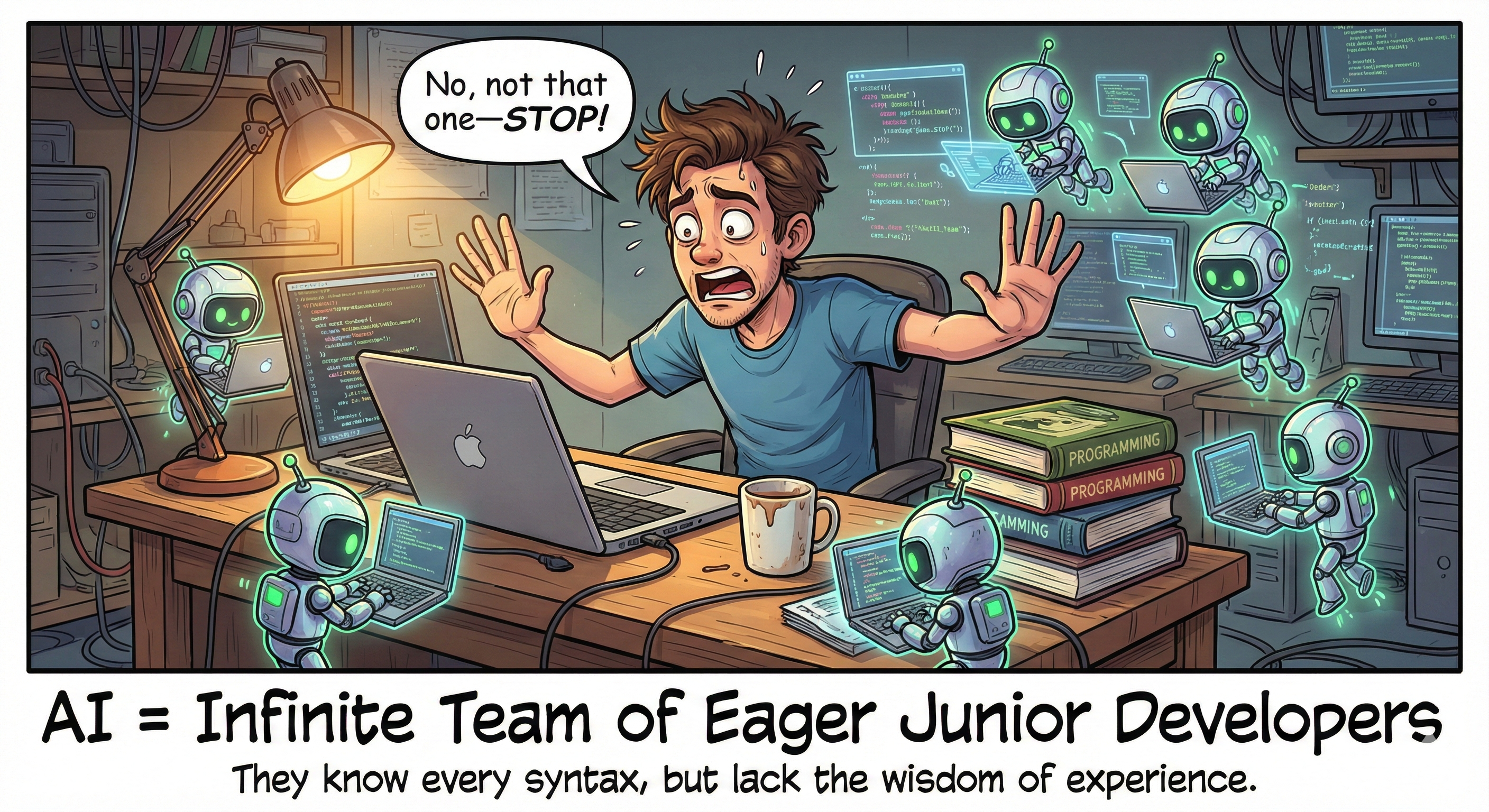 The infinite junior devs: surrounded by eager AI assistants, all working furiously on different things